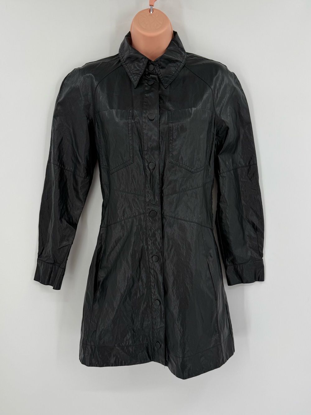 Zara Faux Leather Button Down Shirt Dress Snap Front | Black | XS - Picture 4 of 9